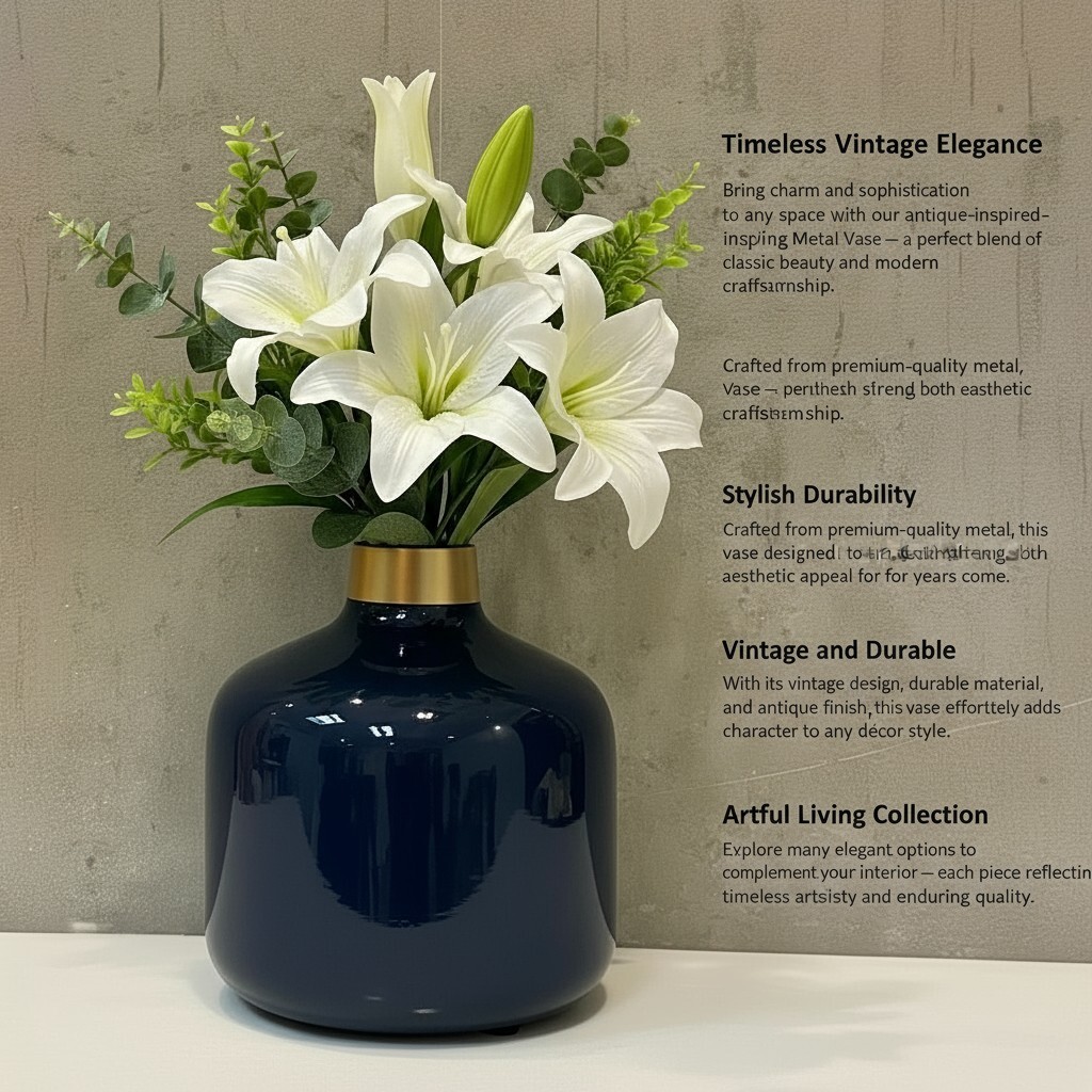 Midnight Blue Metal Flower Vase – Elegant Decorative Vase for Home
